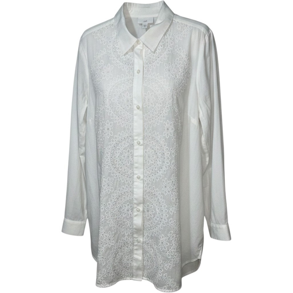 J.Jill Womens White Eyelet Medallion Long Sleeve Tunic Button Up Shirt Small